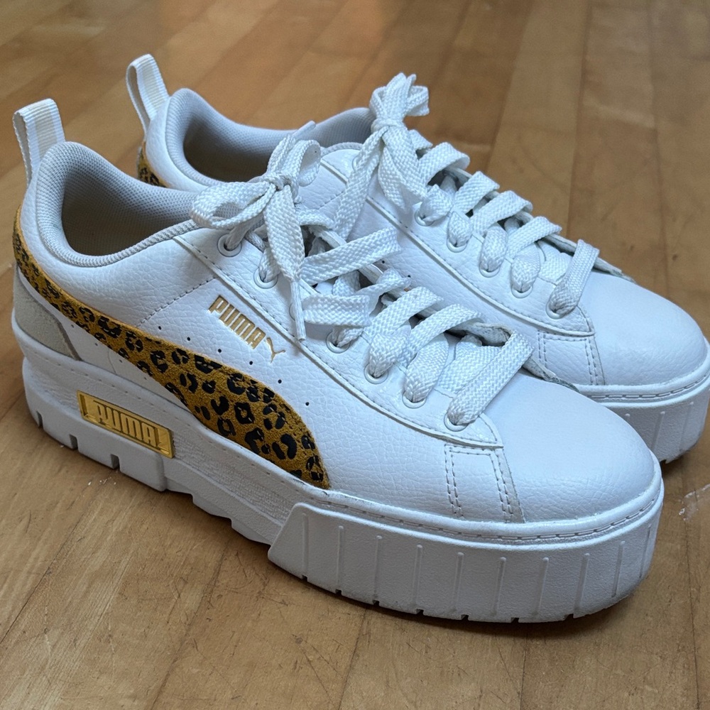 Puma Women's White Sneakers with Gold Leopard Accent